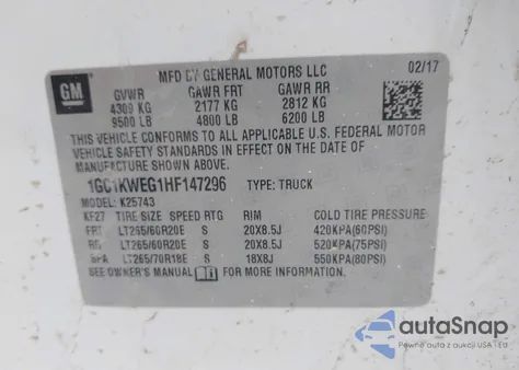 2017 Chevrolet Silverado 2500Hd Ltz z USA, uszkodzony, nr VIN 1GC1KWEG1HF147296